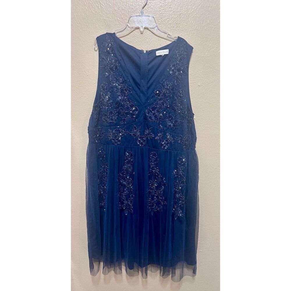 Maya Deluxe‎ Plus Size Blue Beaded Embellished Sleeveless Tulle Dress